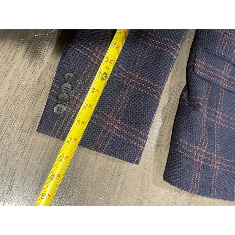 Stafford Navy Blue Plaid Sport Coat Slim Fit 100% Wool Blazer 44L